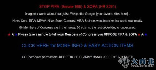 美国当地非常流行的大型分类广告网站Craigslist同样在首页抗议SOPA议案。
