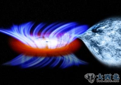 这是一幅艺术示意图，显示的是IGR J17091双星系统。美国宇航局钱德拉X射线空间望远镜观测到围绕其中一个恒星级黑洞的吸积盘发出的星风速度高达每小时2000万英里，这相当于光速的 3%。出乎意料的是，科学家们发现这个围绕黑洞旋转的吸积盘向外抛出的物质量要大于被黑洞吞噬的量，并且这一星风会随着时间变化而变化。这一结果对于理解这一级别，即质量为5~10倍太阳质量的黑洞行为将具有重要意义